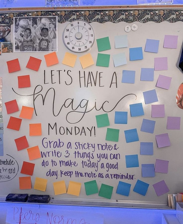 a bulletin board with post - it notes on it that says, let's have a magic monday