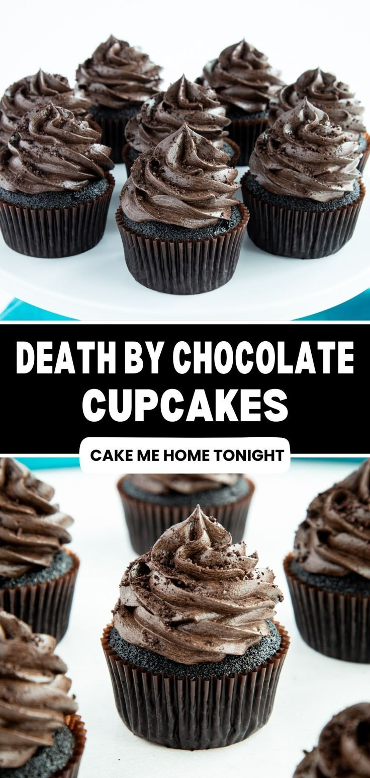 Death by chocolate cupcakes made with dark chocolate cake, chocolate pastry cream, and dark chocolate frosting. A decadent homemade chocolate cupcake recipe. Dense Chocolate Cupcakes, Devils Food Cupcake Recipes, Chocolate Frosted Cupcakes Decoration, Rich Chocolate Cupcake Recipe, Fudge Chocolate Cupcakes, Chocolate Chocolate Cupcakes, Ultimate Chocolate Cupcakes, Chocolate Icing Cupcakes Decoration, Baking Ideas Chocolate