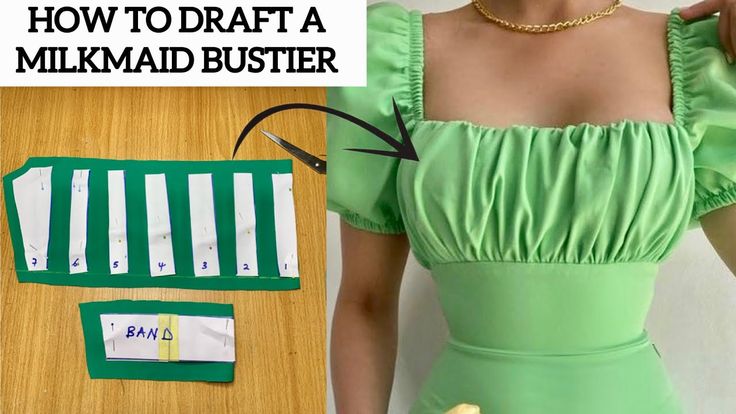 a woman in a green dress is holding scissors and cutting fabric with the words how to draft a milk maid bustier