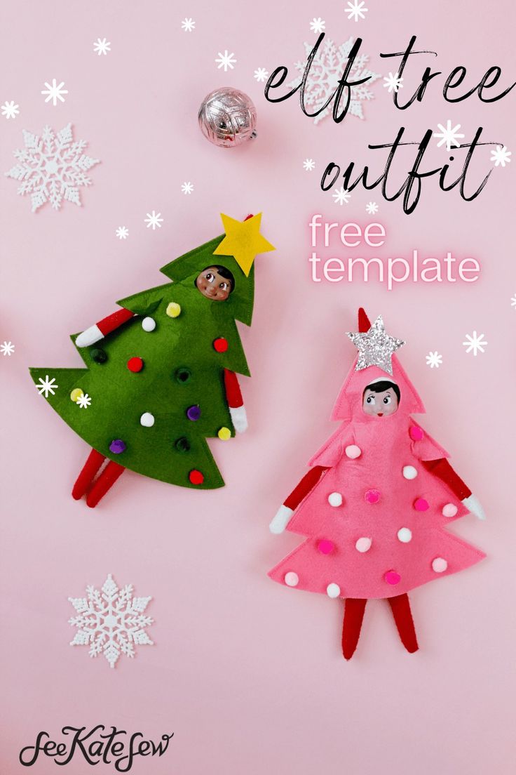 two felt christmas trees with the text elf tree outfit free template on it and snowflakes around them