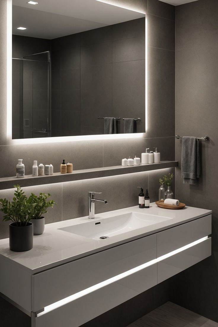 a bathroom with a sink, mirror and lights on the wall above it's counter