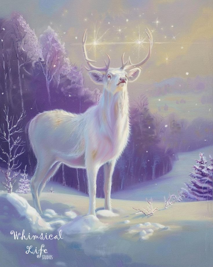 a painting of a white deer standing in the snow with stars on its antlers