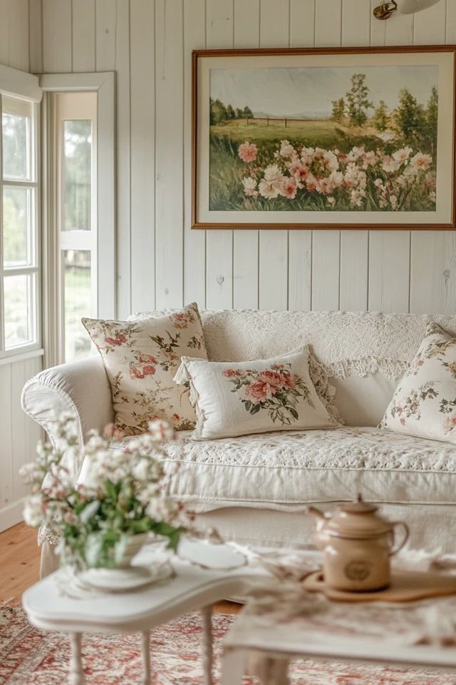 a living room filled with white furniture and flowers on the table next to a window