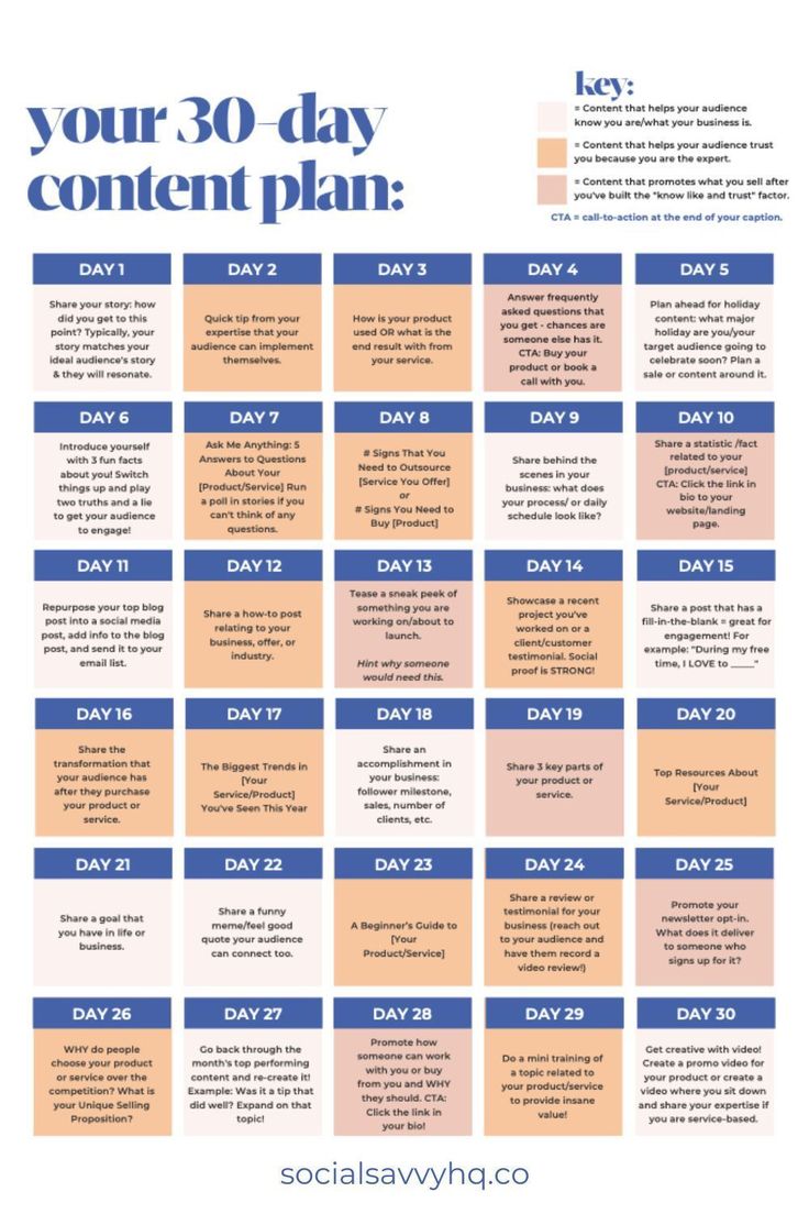 the 30 day content plan is shown in blue, orange and pink with text on it