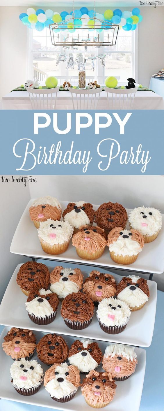 a birthday party with cupcakes and puppy cakes on the cake platter, along with a sign that says puppy birthday party