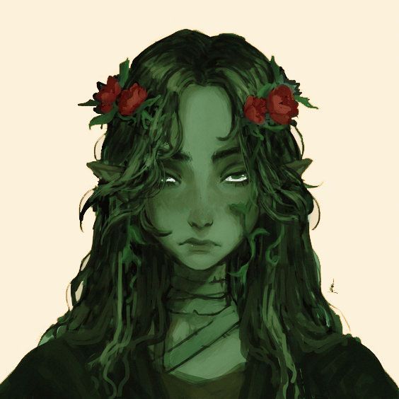 a drawing of a woman with long green hair and red flowers in her hair, looking to the side