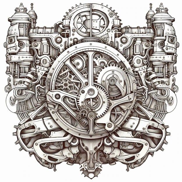 an intricate drawing of gears and wheels