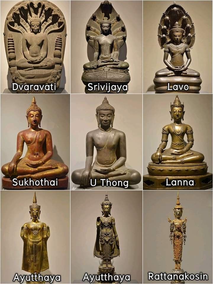 many buddha statues with names in different languages