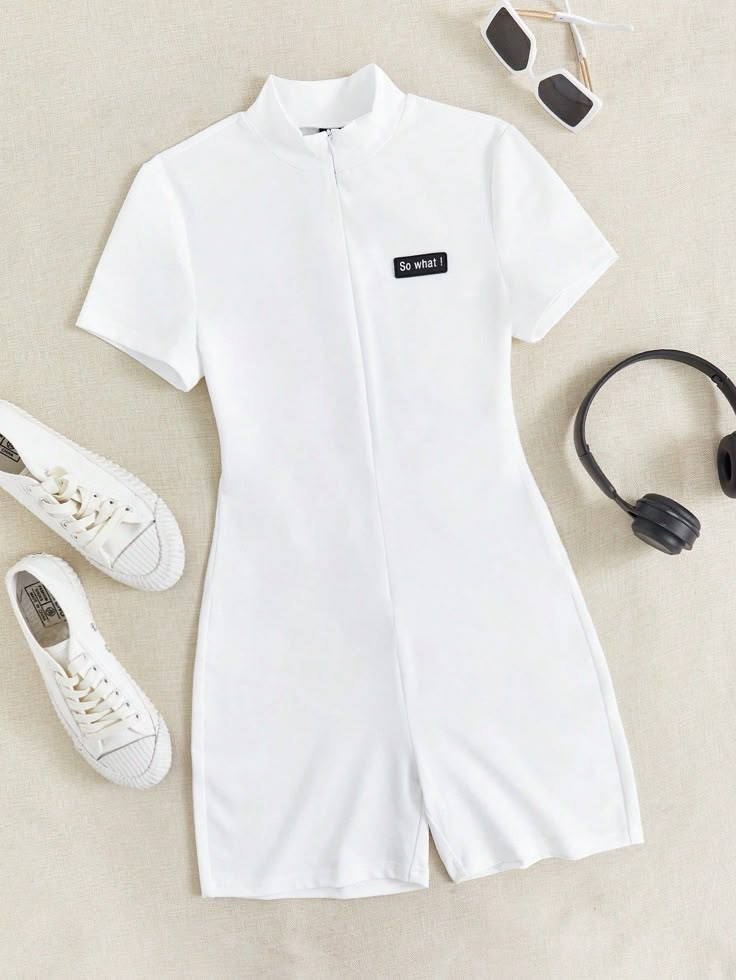 Women's Slogan Patched Turtleneck Knitted Unitard Romper White Casual  Short Sleeve Knitted Fabric Letter  Slight Stretch  Women Clothing, size features are:Bust: ,Length: ,Sleeve Length: Jumpsuit Short, Women Slogan, Backless Jumpsuit, Jumpsuit Outfit, Jumpsuit Pattern, Casual Day Outfits, Printed Sleeveless Top, Cute Preppy Outfits, White Romper