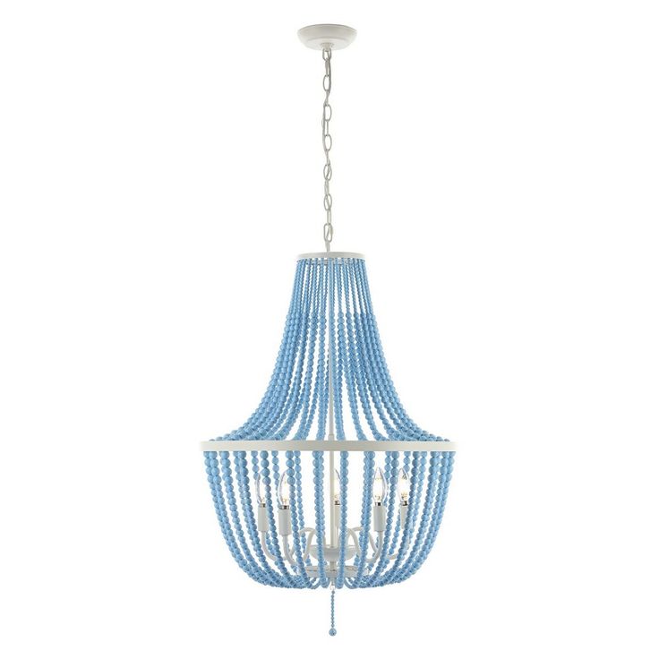 a light blue chandelier hanging from a ceiling fixture with beads on it's sides