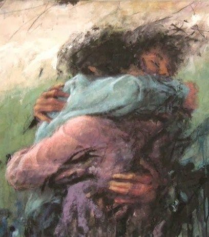 a painting of two people hugging each other