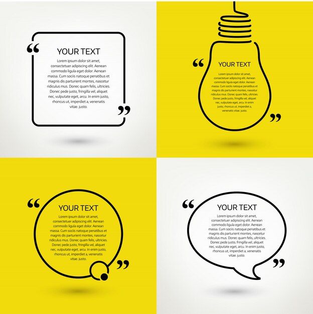 four different light bulbs with speech bubbles in the shape of an empty thought bubble on yellow and white background