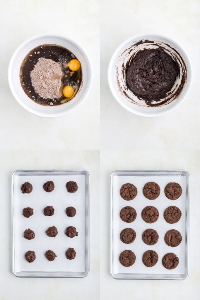 three bowls filled with chocolate cookies next to each other on top of a white counter