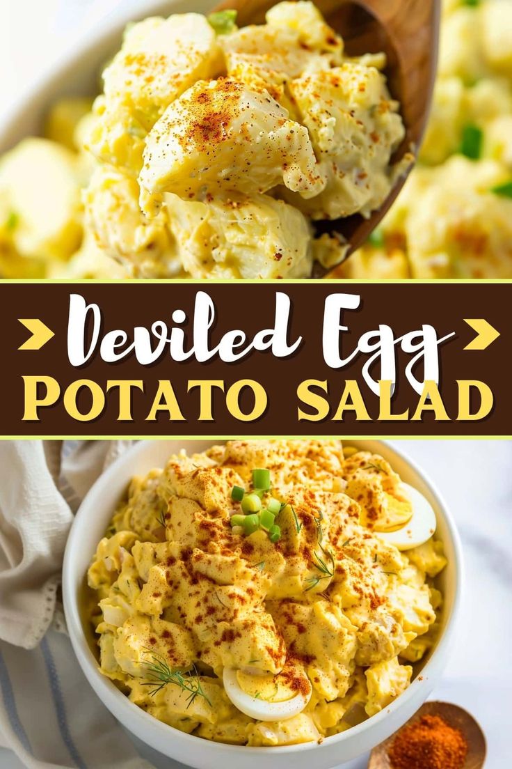 deviled egg potato salad in a white bowl with a wooden spoon and text overlay that reads deviled egg potato salad