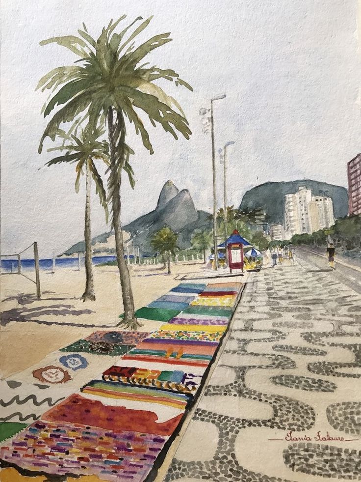 a watercolor painting of a beach scene with palm trees and rugs on the ground