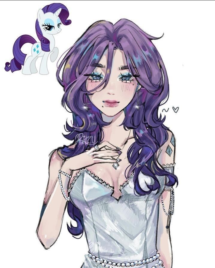 a drawing of a girl with purple hair and blue eyes, wearing a white dress