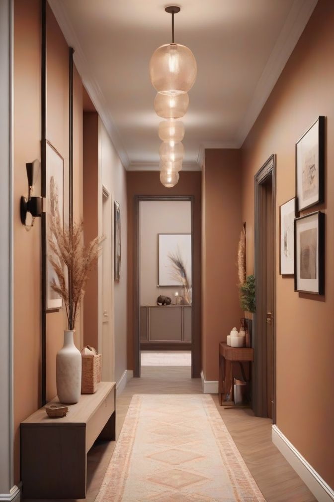 the hallway is decorated in warm tones and neutrals