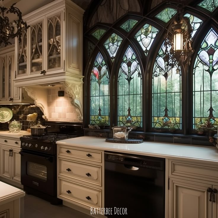 Gothic kitchen with gorgeous stained glass windows. Kitchen With Stained Glass Windows, Victorian Gothic Farmhouse, Cathedral Home Decor, Whimsigoth Stained Glass Window, Stained Glass Window Home, Gothic Kitchen Cabinets, Stained Glass In Home, Gothic Victorian Kitchen, Stained Glass In Kitchen