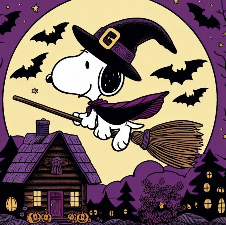 a cartoon dog dressed as a witch flying in front of a full moon with a broom