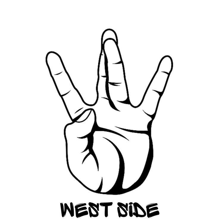 a black and white drawing of a hand with the word west side on it