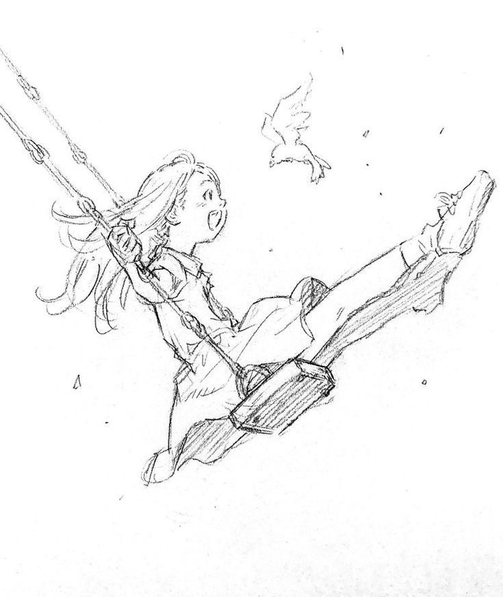 a drawing of a girl swinging on a swing