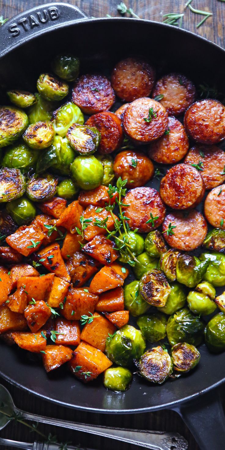 Sausage and Veggies Skillet with Butternut Squash and Brussels Sprouts. Brussels Sprouts And Sausage Recipe, Dinner Ideas Lots Of Veggies, Sausage Butternut Squash Brussel Sprouts, Sausage Brussels Sprouts And Potatoes, Brussel Sprout Sausage Recipes, Roasted Butternut Squash Brussel Sprouts, Sausage And Brussel Sprouts Sheet Pan, Sausage Brussel Sprouts Sweet Potato, Sausage And Brussel Sprouts Skillet