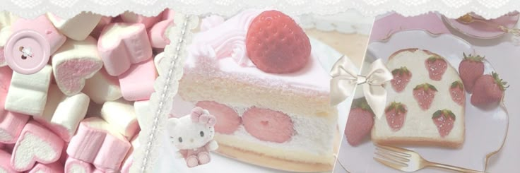 there are three different cakes and desserts on the table, one is decorated with strawberries