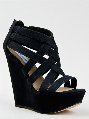 i wanted these for formal in beige but they only had them in a 5!! :( Strappy Wedge Heels, Hak Tinggi, Strappy Wedges, Wedge Heel Sandals, Black Wedges, Black High Heels, Crazy Shoes, Shoe Obsession, Shoe Lover