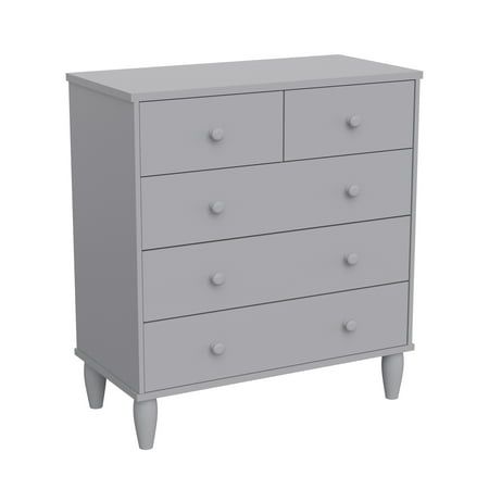 a gray dresser with four drawers and two legs on the bottom, in front of a white background