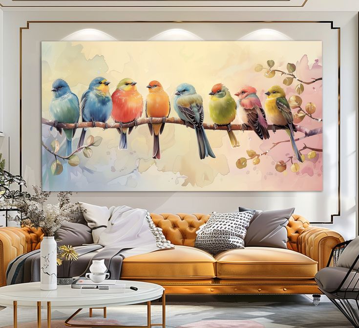 birds sitting on a branch in front of a painting hanging above a living room couch