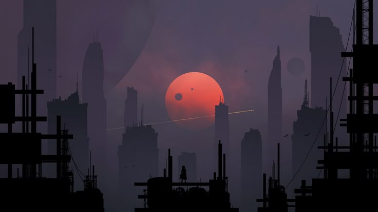 the sun is setting over a city with tall buildings and an airplane in the sky