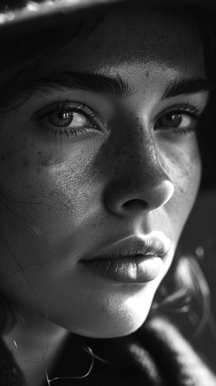 a black and white photo of a woman with freckled hair wearing a hat