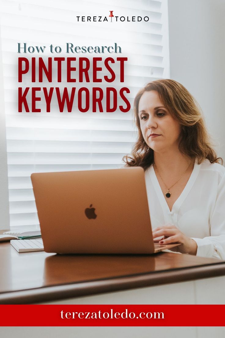 a woman sitting in front of a laptop computer with the title how to research pinterest keywords