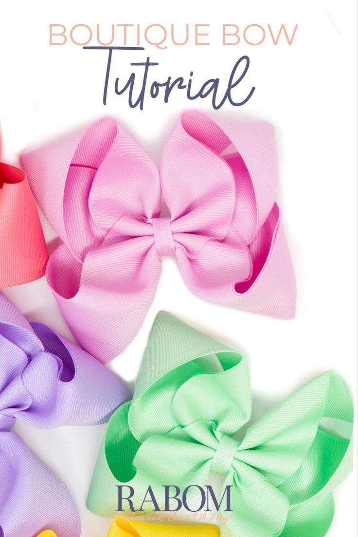 three different colored bows with the words boutique bow tutor on top of them and below it