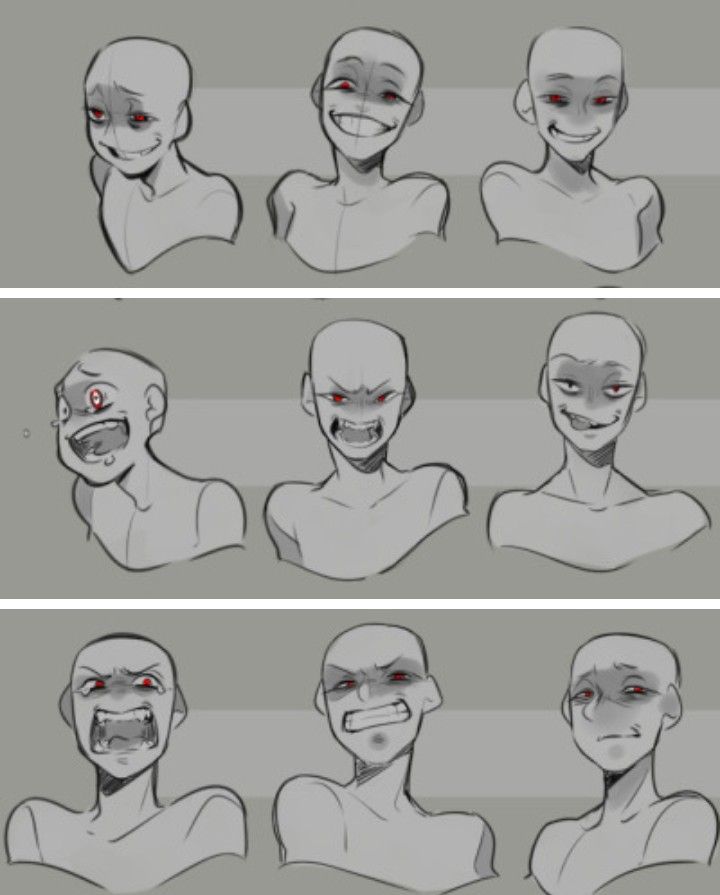 an animation character's face and head with different facial expressions, including red eyes