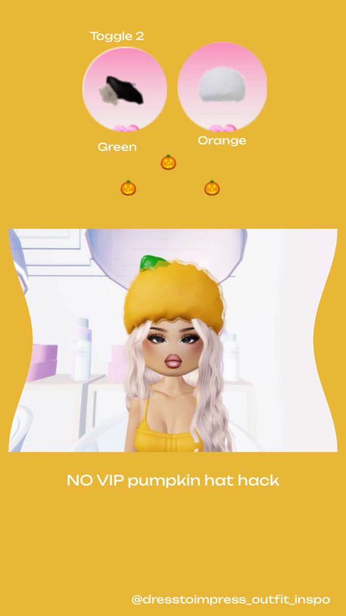 Pumpkin hat! - NO VIP- Pumpkin Hat Dress To Impress, Outfit Theme Ideas, Apple Hat, Group Names Ideas, Bitmoji Outfits, V Steam, Outfits Hacks, Hair Combos, Dti Hacks