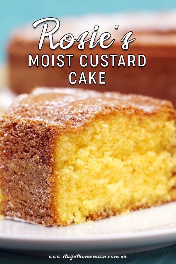 a close up of a piece of cake on a plate with the words rosie's moist custard cake