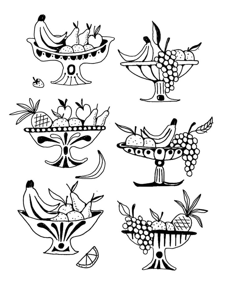 black and white drawings of fruit in vases with leaves on the top, bananas, grapes