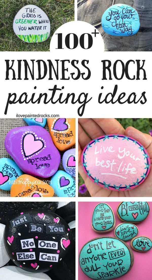 the words on rocks are written in different colors and sizes, with hearts painted on them