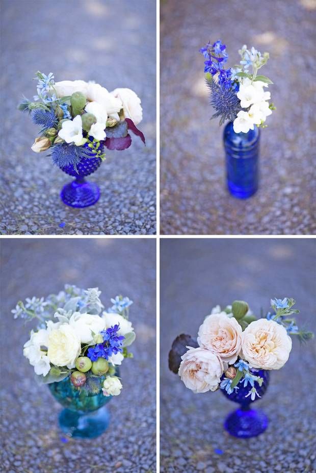 four different pictures of flowers in a blue vase on the ground, with multiple angles to show them