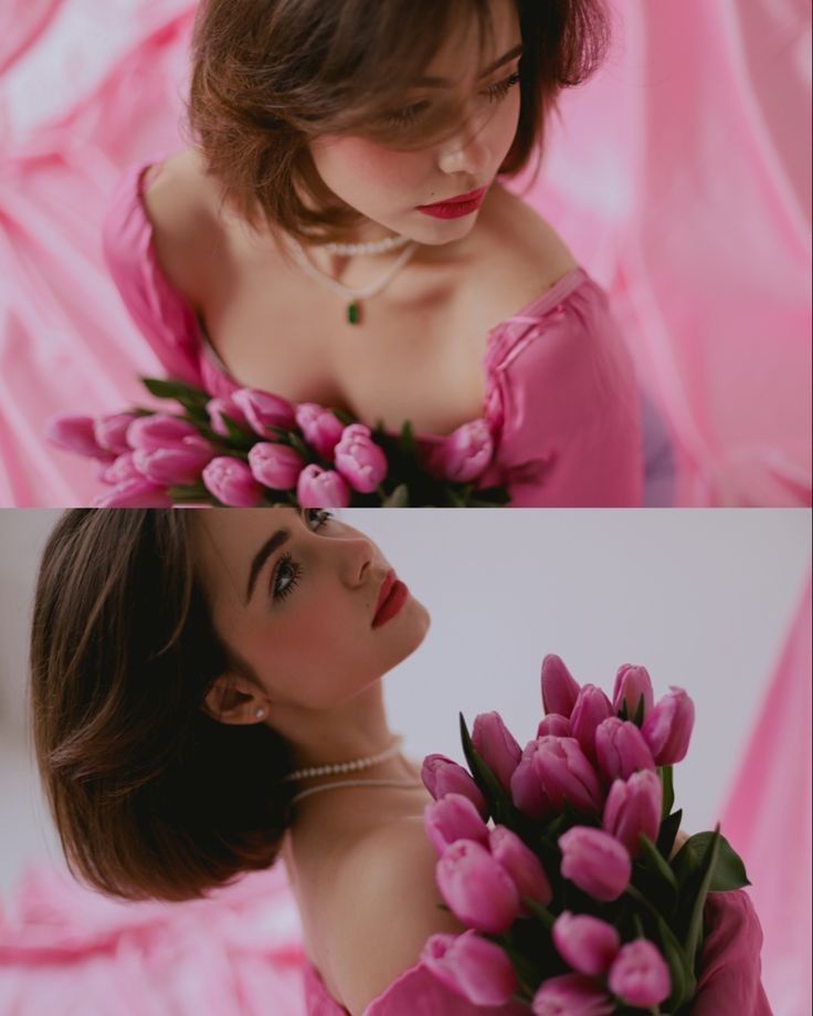 a woman in a pink dress holding a bouquet of flowers