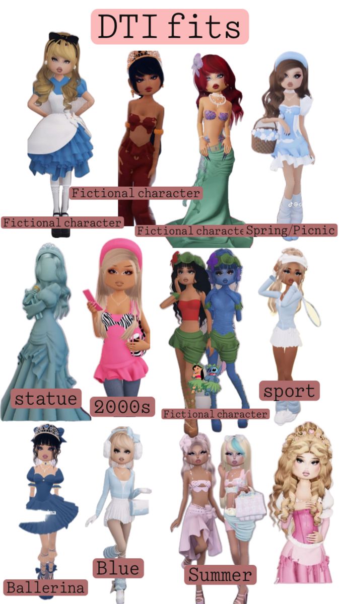 many different types of dolls are shown in this image, with the names below them