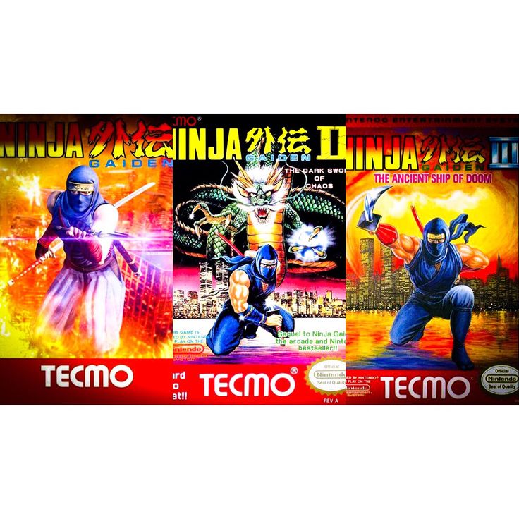 an advertisement for tecmo with two ninjas in front of the same image