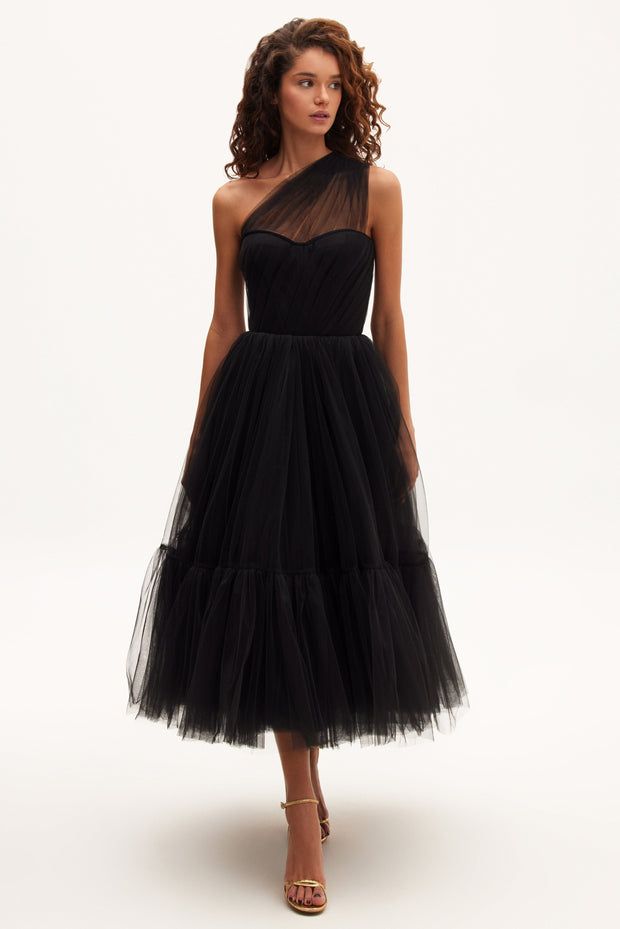 One-shoulder Tulle Dress For Formal Occasions, Black Tulle Corset Dress For Summer, Black Party Dress With Voluminous Skirt, Black Cocktail Dress With Voluminous Skirt, Party Dress With Voluminous Black Skirt, Voluminous Tulle Skirt Evening Dress, Black Voluminous Skirt Cocktail Dresses, Black Voluminous Skirt Dress For Cocktail, Voluminous Tulle Evening Dress