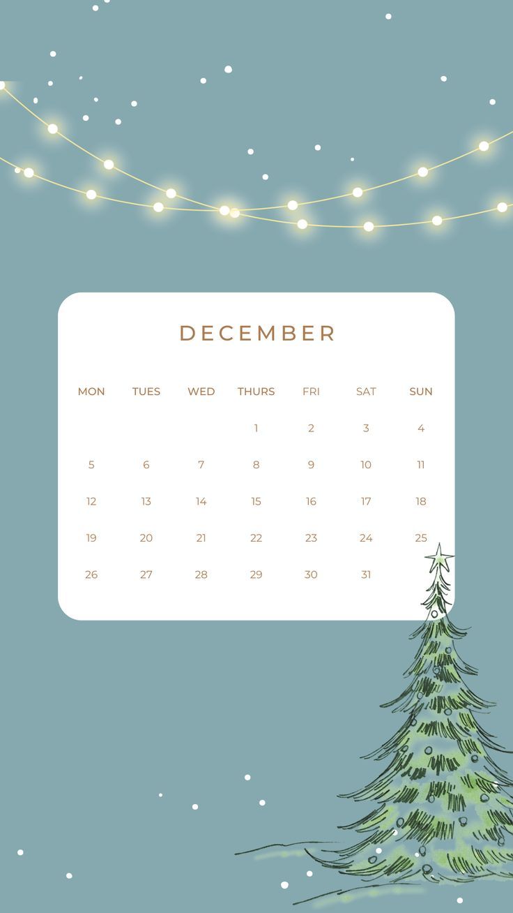 a calendar with a christmas tree in the middle and lights hanging from it's sides