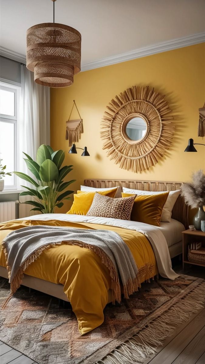 a bedroom with yellow walls and bedding in the center, large round mirror on the wall