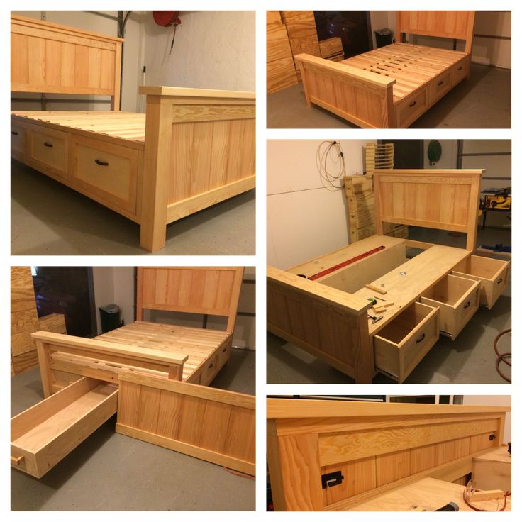 several pictures of a bed with drawers in the middle and bottom, all made out of wood