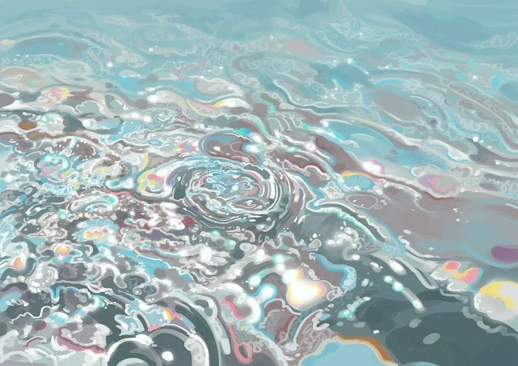 an abstract painting with blue, green, and pink colors on the water's surface