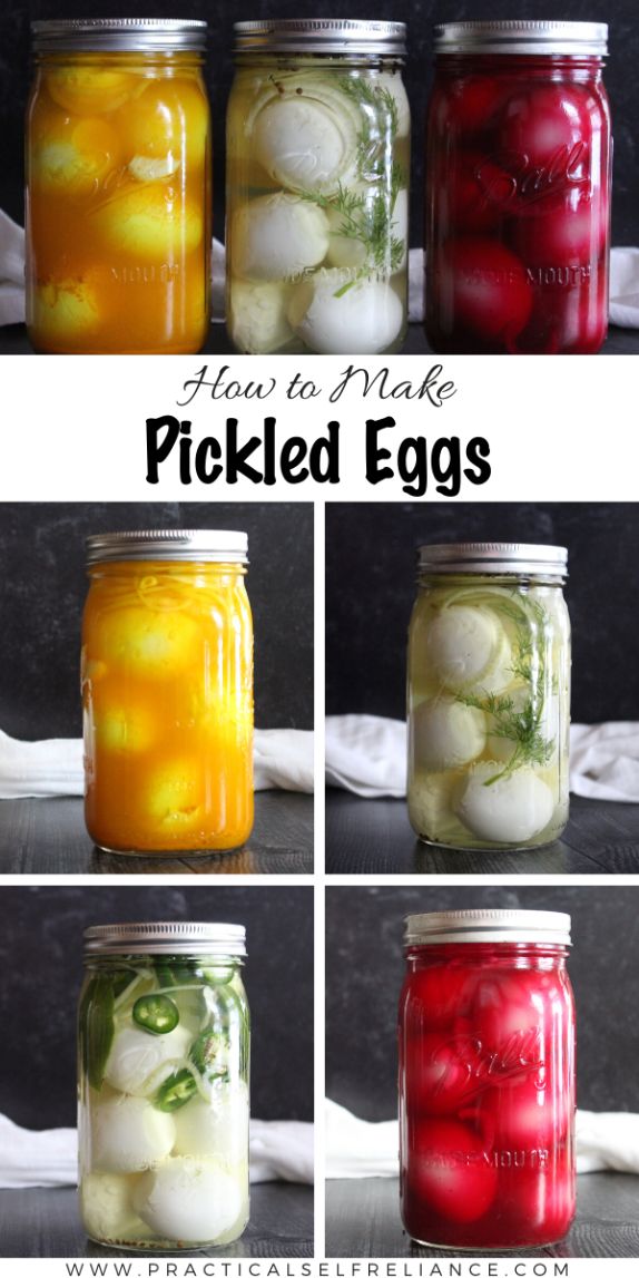 four jars filled with pickled eggs on top of a table