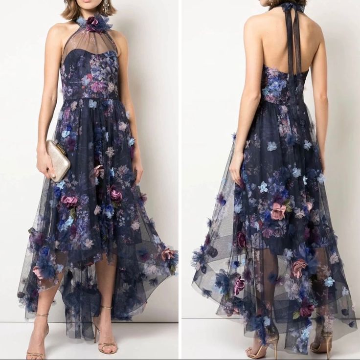 Marchesa Notte 3d Floral Shirred Halter Dress In Navy Size 6 Nwt Sold Out New With Tags! Attend Your Exclusive Movie Premiere Or Date Night On A Yacht In This Dreamy Halter Cocktail Dress With 3d Floral Appliqus, A Hi-Lo Design And An Open Back. Floral-Appliqud Gathered Floral-Print Tulle Gown. Step Out In This Floral-Print Number For Your Next Garden Party Or Summer Wedding Gown Floral-Print Tulle Floral Appliqus Grosgrain Trims Gathered Concealed Hook, Snap And Zip Fastening At Back Internal G Navy Blue Formal Dresses, Unique Cocktail Dress, Unique Cocktail Dresses, Marchesa Notte Dress, Blue Formal Dresses, Summer Wedding Gowns, Marchesa Dresses, Marchesa Dress, Head Turning Dress